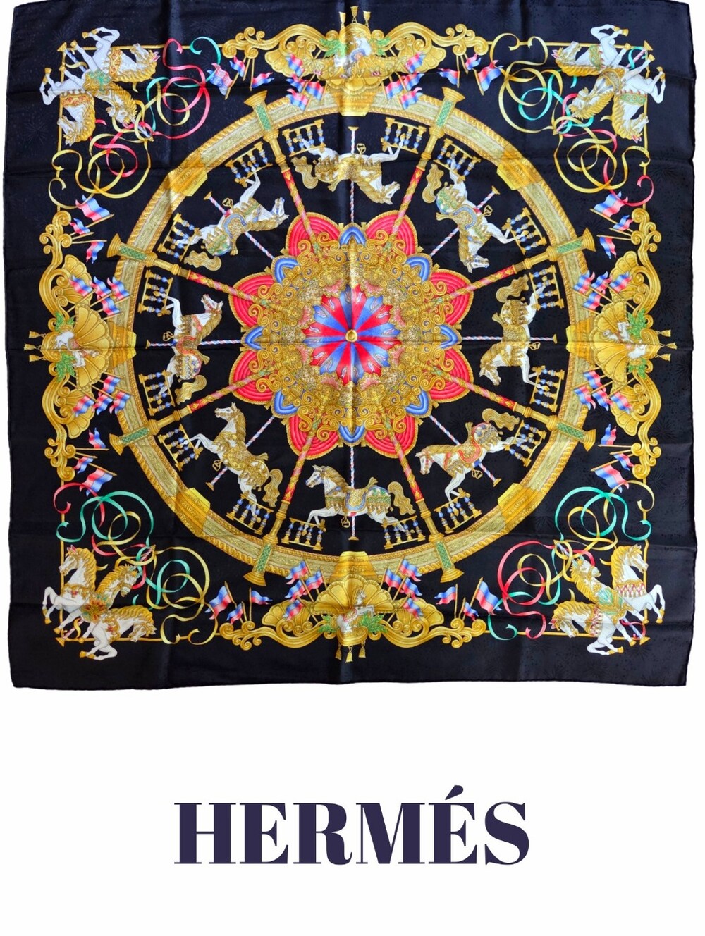 Hermes MINT Luna Park Silk Scarf 90cm/ 35" Black Carousel Horses Gold Pink Blue
